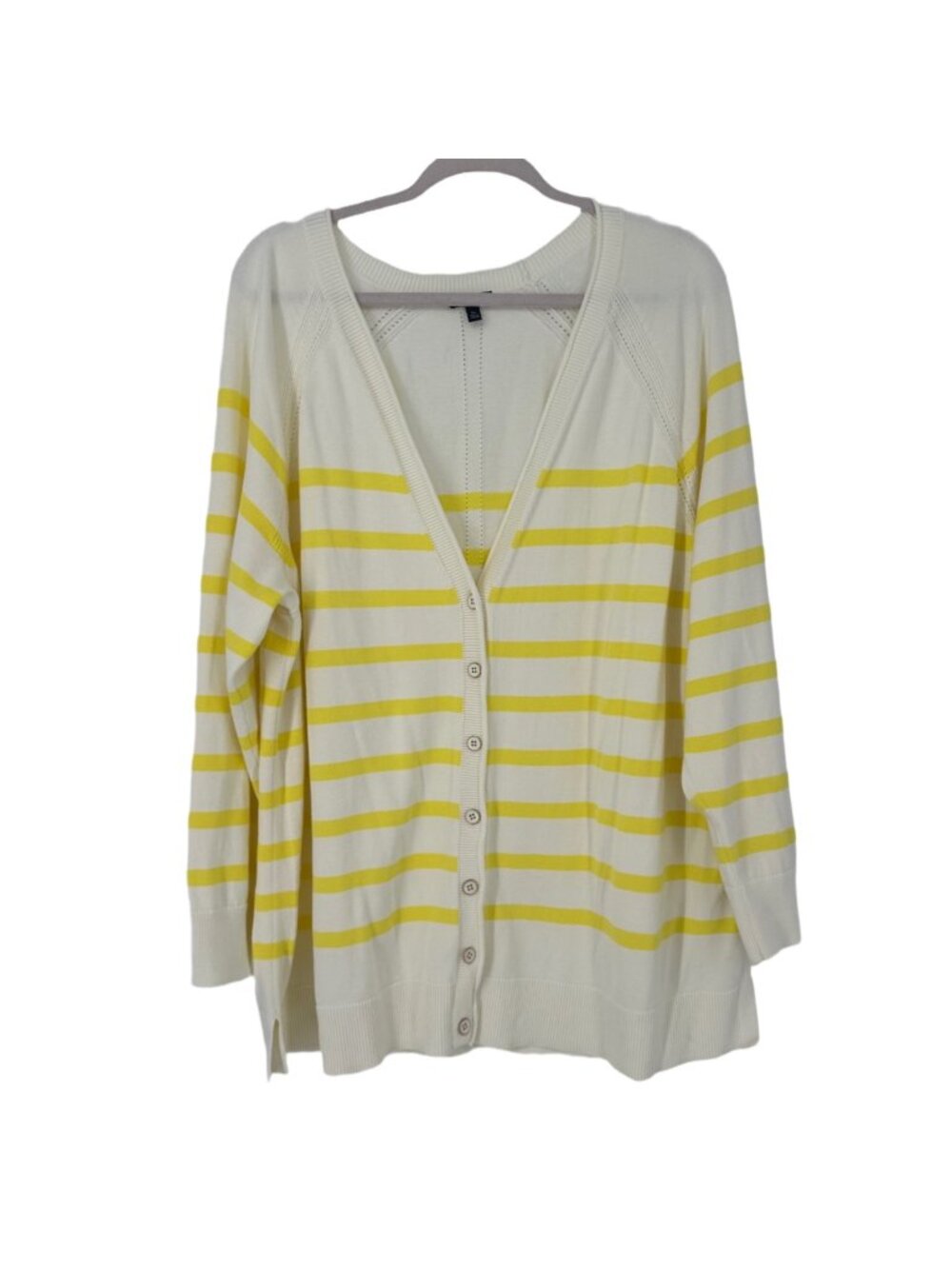 Talbots Cardigan Sweater Women's 3X Yellow White Striped Cotton V Neck Preppy
